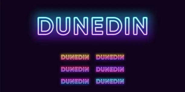 Vector illustration of Neon Dunedin name, city in New Zealand. Neon text of Dunedin city