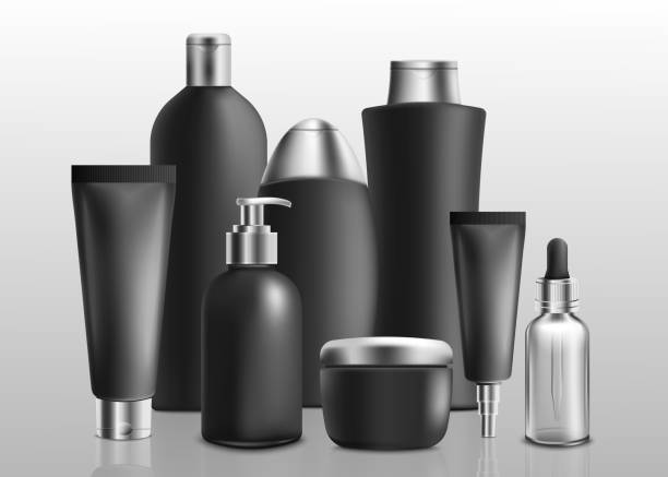 istock Black and silver realistic toiletries mockup set - shampoo, shower gel, face cream 1199213307