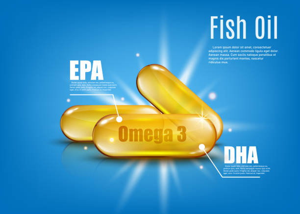 illustrazioni stock, clip art, cartoni animati e icone di tendenza di olio di pesce omega 3 con epa e dha - capsula dorata di vitamine sane - omega three