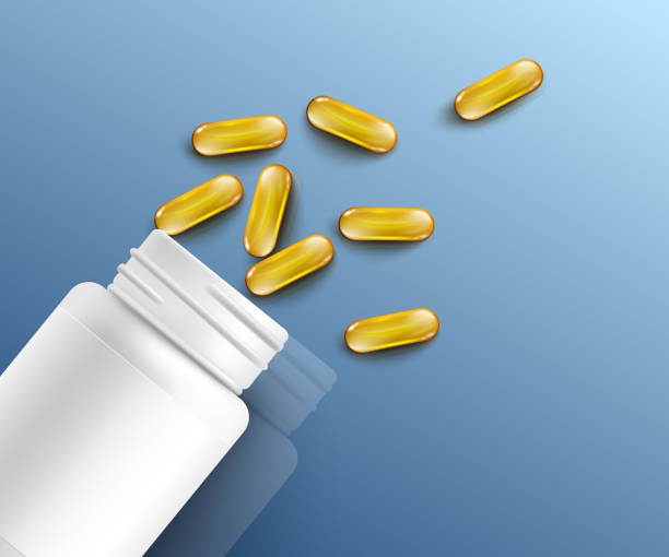 istock Fish oil, Omega-3 or vitamin capsules in container 3d vector illustration. 1199213364
