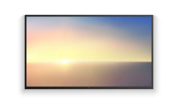 istock Vector realistic wide angle smart HD tv on the wall. Blue aerial panoramic view of sunrise over ocean. Led 3d screen isolated on white background. Sunrise watercolor gradation. 1199214925