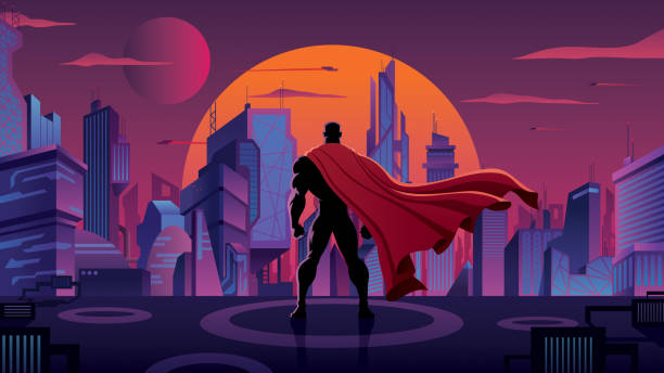illustrations, cliparts, dessins animés et icônes de superhero dans la ville futuriste - superhero human muscle men city