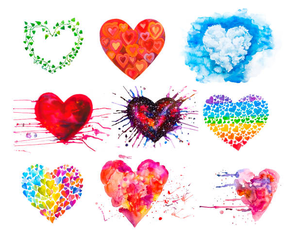 satz von aquarell herzen - blob heart shape romance love stock-grafiken, -clipart, -cartoons und -symbole