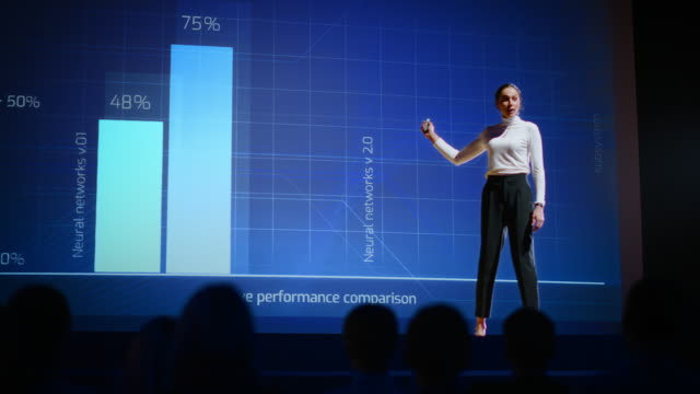 On Stag, Successful Female Speaker Presents Technological Product, Uses Remote Control for Presentation, Showing Infographics, Statistics Animation on Screen. Live Event / Device Release. Slow Motion