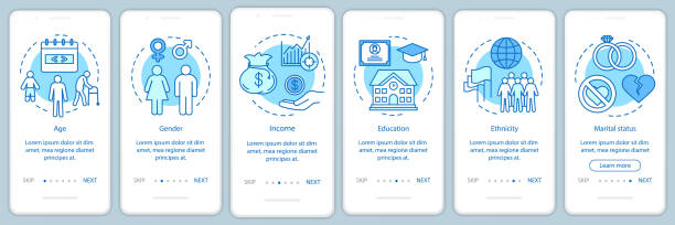 ilustrações, clipart, desenhos animados e ícones de demografia gradiente azul integração móvel app página tela modelo vetor. características sociais passos site walkthrough com ilustrações lineares. conceito de interface de smartphone ux, ui, gui - infográficos demográficos