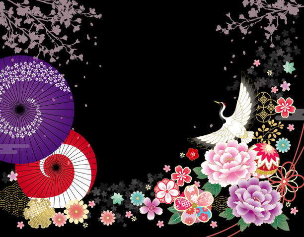 Japanese gorgeous flower pattern black2 Japanese gorgeous flower pattern black2 oiran stock illustrations
