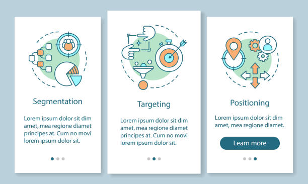 ilustraciones, imágenes clip art, dibujos animados e iconos de stock de pantalla de página de la aplicación móvil de incorporación de stp con conceptos lineales. estrategia de mercado. segmentación, posicionamiento, orientación pasos instrucciones gráficas. ux, ui, plantilla vectorial gui con ilustraciones - marketing social media facebook youtube