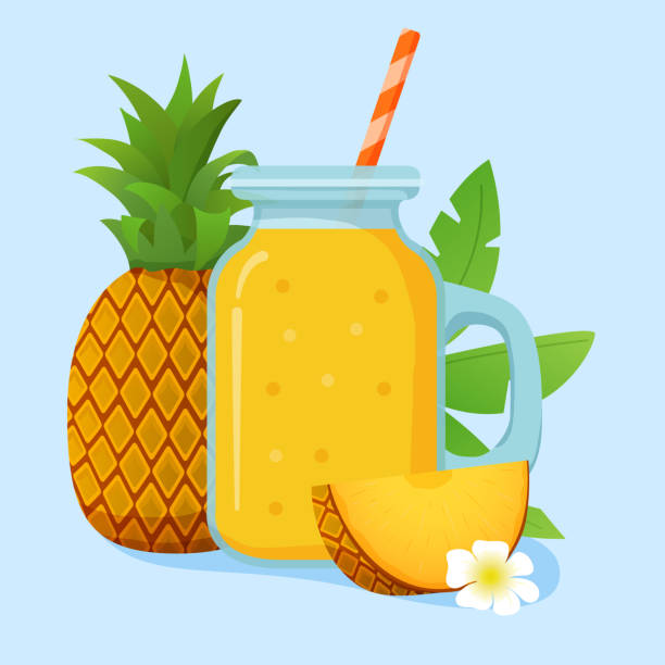 jar mit smoothie ein ananas-shake-cocktail. natürlicher tropischer fruchtsaft. - food jar backgrounds breakfast stock-grafiken, -clipart, -cartoons und -symbole