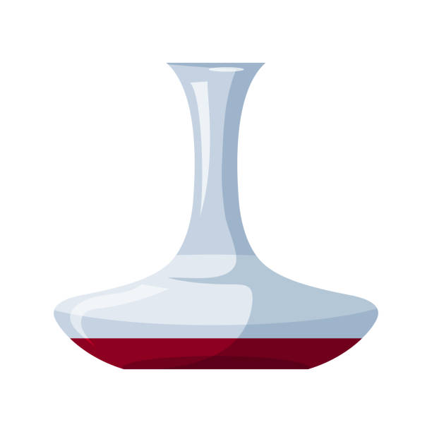 Wine decorative decanter with red drink on white Classical glass wine decorative decanter with red beverage on white. Glassware for alcoholic drink. Accessories for winery degustation tasting. Vessel with wide bottom. Vector tableware illustration wine and oenology graphic stock illustrations