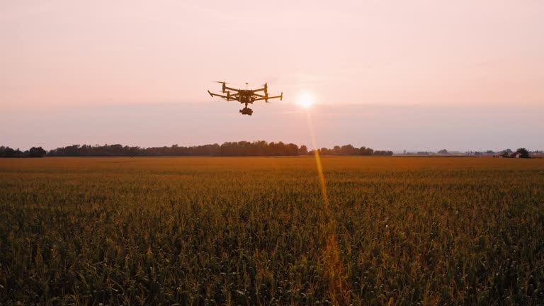 Drone shot of tracking another drone flying across the countryside at sunset.