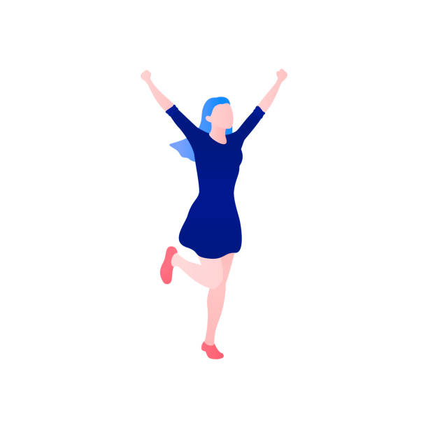 Young happy laughing woman jumping with raised hands. Flat young woman. Front view. Happy girl jumping on a white background. Joyful positive girl rejoicing and dancing. Happiness, freedom, motion concept. Colored vector illustration isolated on white arms raised illustrations stock illustrations