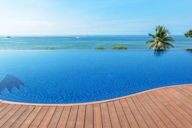 istock Infinity pool with tropical ocean views and wood terrace 1199224056