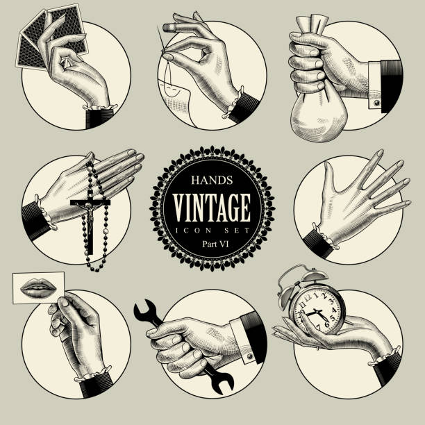 Set of round icons in vintage engraving style with hands and accessories. Retro business icons. Vector illustration