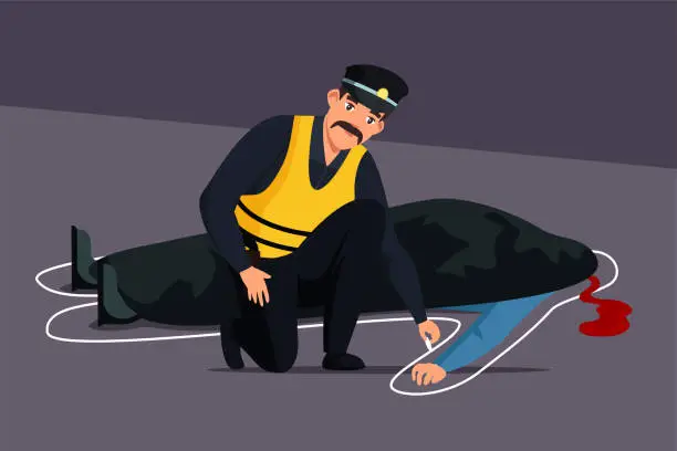 Vector illustration of Policeman with chalk outlines murdered person body