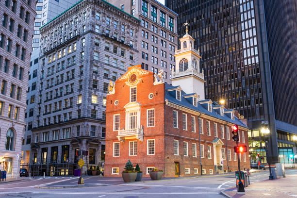 Boston, Massachusetts, USA Old State House Boston, Massachusetts, at the USA Old State House and cityscape at dawn. boston massachusetts photos stock pictures, royalty-free photos & images