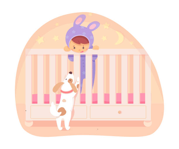 stockillustraties, clipart, cartoons en iconen met baby staande in bed en spelen met schattige puppy - babybox