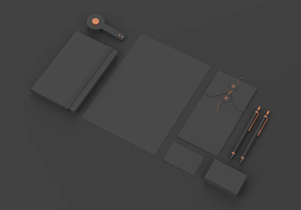 istock Base black stationery mockup template for branding identity on dark background for graphic designers presentations and portfolios. 3D rendering. 1199227322