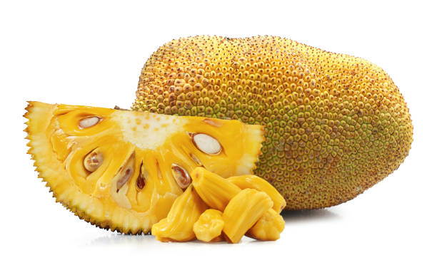 fruta fresca cortada aislada sobre fondo blanco - jack fruit fotografías e imágenes de stock