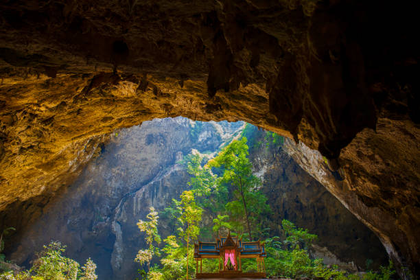 phraya nakhon cave in thailand,light shines through the cave to the tree. phraya nakhon cave, prachuap khiri khan, thailand - phraya nakhon cave imagens e fotografias de stock