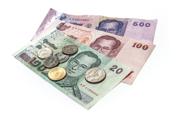 Thailand king money paper currency, coins isolated Thailand money close up paper currency and coins isolated over white with clipping path thailand king stock pictures, royalty-free photos & images