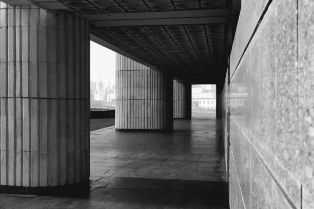 Black and white photo of soviet brutalist architecture