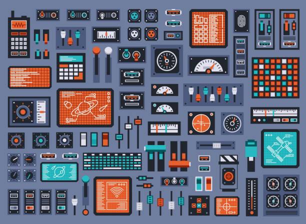 Set of control panel elements for spacecraft or technical industrial station Set of control panel elements for spacecraft or technical industrial station. Vector illustration. knob stock illustrations