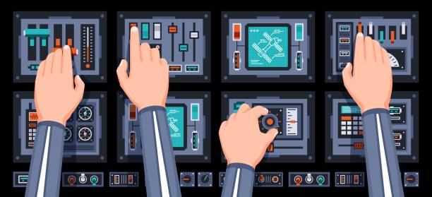 ilustrações, clipart, desenhos animados e ícones de painel de controle da nave espacial com as mãos dos pilotos - cockpit horizontal equipment instrument of measurement