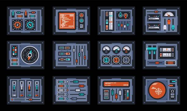 ilustrações, clipart, desenhos animados e ícones de conjunto de elementos do painel de controle para a nave espacial - cockpit horizontal equipment instrument of measurement