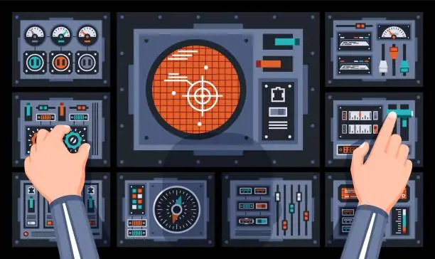 Vector illustration of Pilot hands on the control panel of the spaceship