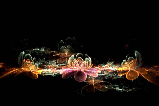 Abstract fractal glowing 3d flowers. Multicolored fractal painting on a black background, magic cosmic flower bed
