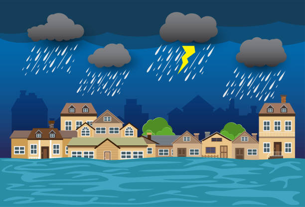 홍수 재해, 도시 거리의 홍수 물, 벡터 디자인 - residential structure house water natural disaster stock illustrations