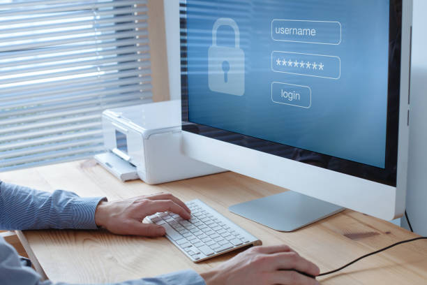 accesso e password per accedere ai dati protetti online sul computer - password log on security security system foto e immagini stock