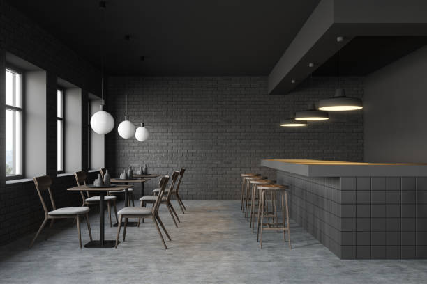istock Dark gray pub interior with bar and tables 1199233152
