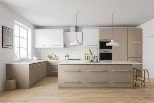 istock White and beige kitchen interior, bar and picture 1199233453