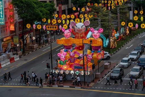 Singapore, January the 13, 2020: installations in Chinatown representing year of the Rat , build up for Chinese New Year 2020.