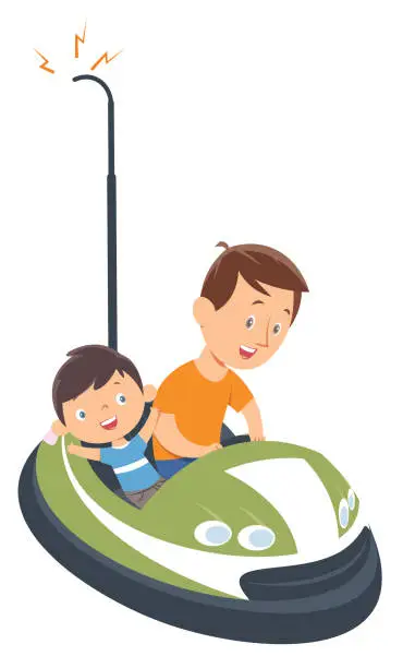 Vector illustration of Father and Son Driving Dodgem Cars