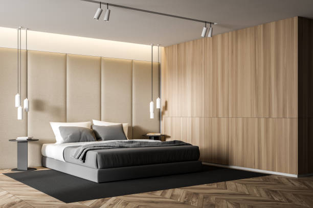 istock Beige and wood master bedroom corner 1199234850