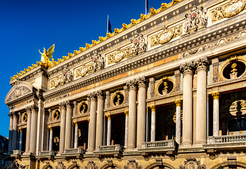 2019 Paris Opera Square. French Academie Nationale de Musique in Paris, France. Scenic skyline against polarized sky. Travel background.
