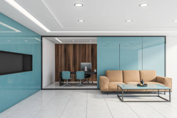 istock Blue office waiting room with beige sofa 1199235150