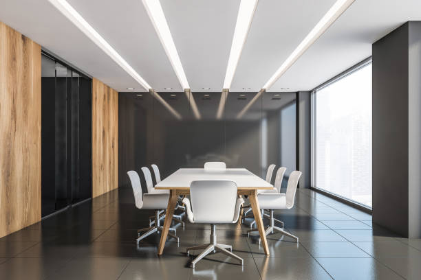 istock Wooden and gray conference room interior 1199235766