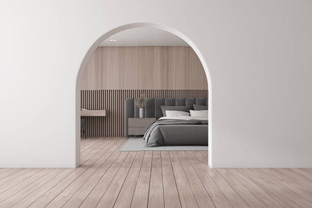 istock Wooden bedroom interior with arch 1199235779