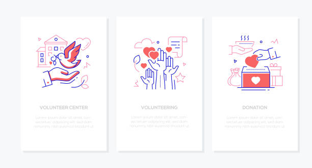 Volunteering - vector line design style banners set Volunteering - vector line design style banners set with place for text. Volunteer center, helping hand, donation box linear illustrations with icons. Food provision for homeless people, gifts images charity benefit illustrations stock illustrations