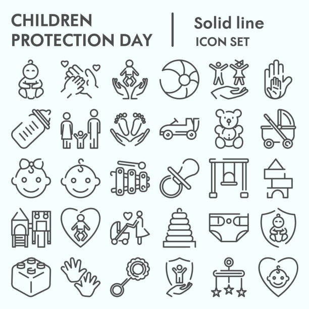 kinder schutz tag linie set, baby-stoff-symbole-sammlung, vektor-skizzen, logo-illustrationen, kinderpflege zeichen lineare piktogramme paket isoliert auf weißem hintergrund, eps 10. - mother baby child symbol stock-grafiken, -clipart, -cartoons und -symbole