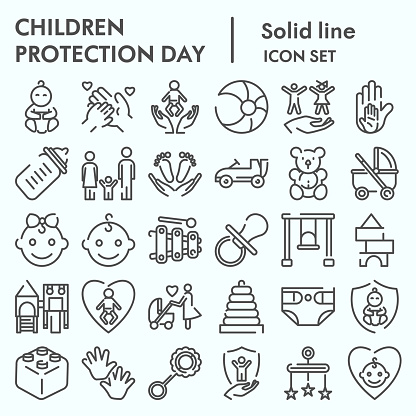 Children protection day line icon set, baby stuff symbols collection, vector sketches, logo illustrations, kids care signs linear pictograms package isolated on white background, eps 10