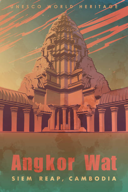 Centerpiece of the Angkor Wat temple. Sunset panorama. Vintage poster Centerpiece of the Angkor Wat temple complex in Cambodia representing the sacred Mount Meru of the Hindu religion. Sunset panorama. Vintage poster. EPS10 vector illustration angkor wat stock illustrations