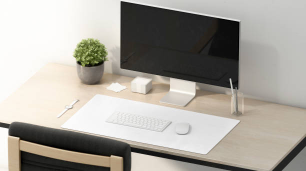 istock Blank white desk mat for mouse and keyboard mockup 1199239552