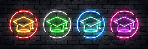 Vector set of realistic isolated neon sign of Graduation symbol for template decoration and layout covering on the wall background. Vector set of realistic isolated neon sign of Graduation symbol for template decoration and layout covering on the wall background. alumni stock illustrations