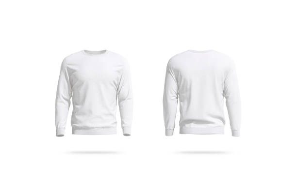 Blank white unisex sweatshirt mockup, front and back view Blank white unisex sweatshirt mockup, front and back view, 3d rendering. Empty fabric crewneck for sport mock up isolated. Clear male daily hoodie for logo mokcup template. round neckline stock pictures, royalty-free photos & images