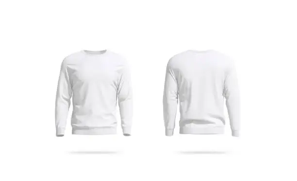 Blank white unisex sweatshirt mockup, front and back view, 3d rendering. Empty fabric crewneck for sport mock up isolated. Clear male daily hoodie for logo mokcup template.