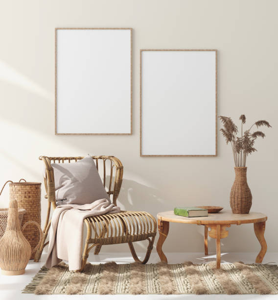 istock Mock up frame in home interior with rattan furniture, Scandi-boho style 1199241699